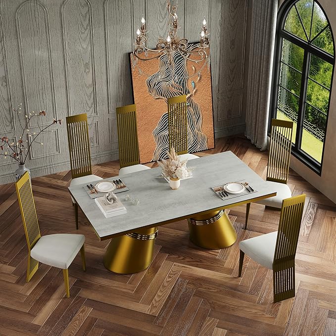 Modern Dining Chairs Set of 6, White Sponge Dining Room Chairs with Brushed Gold Stainless Steel Legs, Upholstered Chairs with High Back and Metal Legs for Living Room/Kitchen/Restaurant