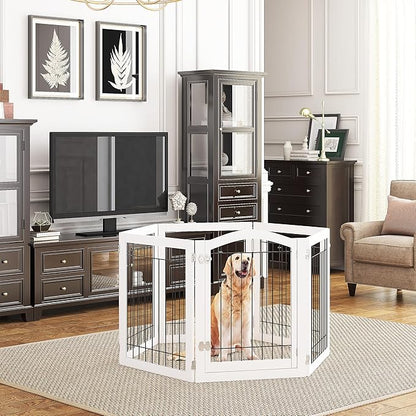 PAWLAND 144-inch Extra Wide 30-inches Tall Dog gate with Door Walk Through, Freestanding Wire Pet Gate for The House, Doorway, Stairs, Pet Puppy Safety Fence, Support Feet Included, White,6 Panels
